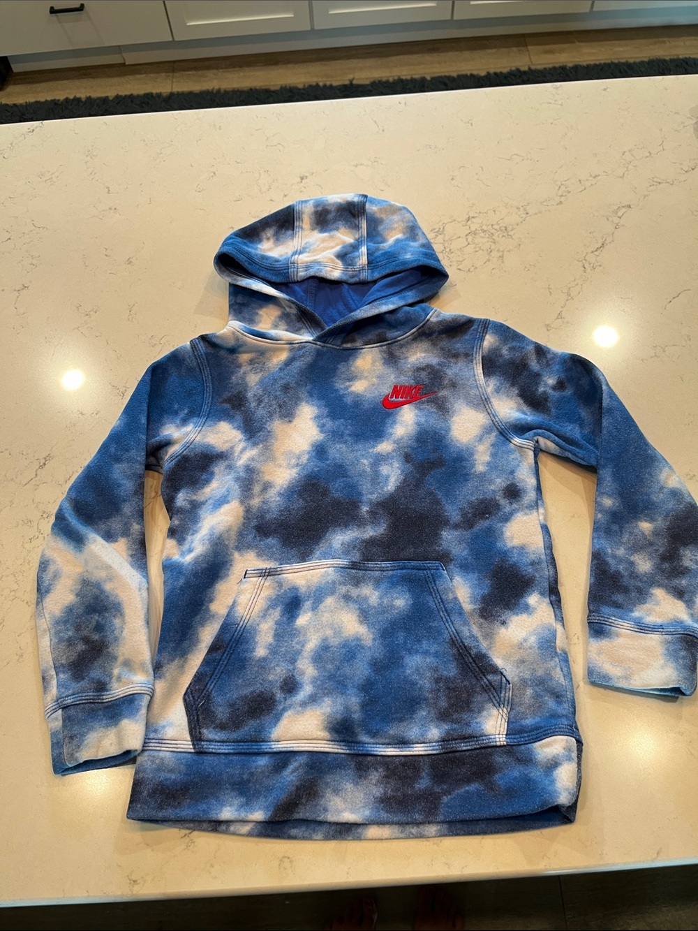 Nike Blue and White Tie-Dye Hoodie with Red Logo